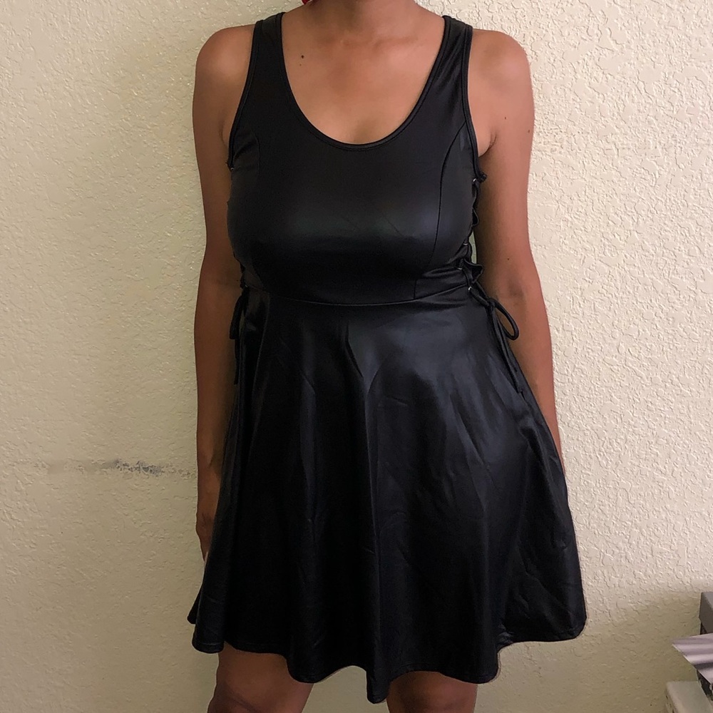 Little Black Faux Leather Dress with tie up sides